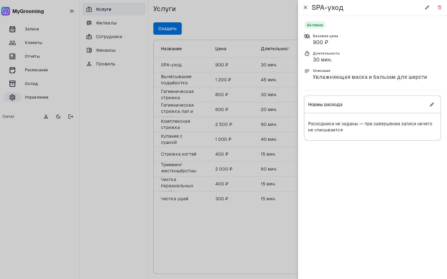 Карточка обычной услуги: статус, базовая цена, длительность, описание и блок «Нормы расхода»