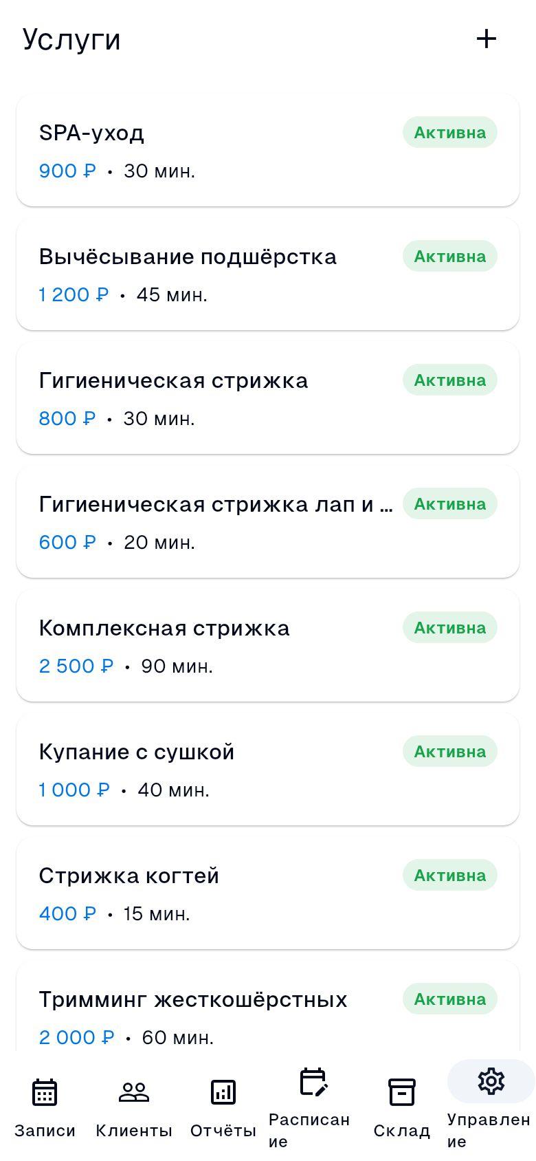 Раздел «Услуги»: таблица услуг с ценой, длительностью, числом мастеров и статусом